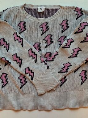 stem Beige Crewneck Sweater with Pink Lightning Motif